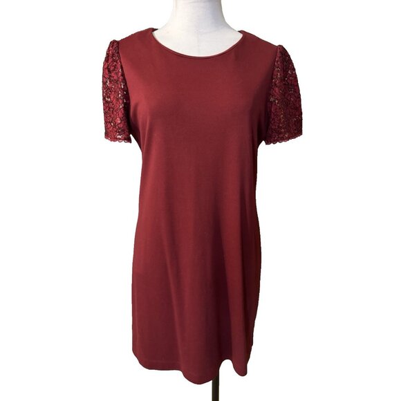 Draper James Dress Medium Burgundy Ponte Lace Puff Sleeves Washable - Picture 2 of 13